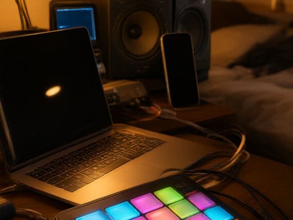 A bedroom studio at night with a pad controller and speakers.
