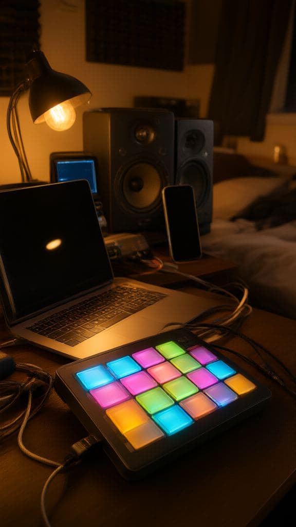 A bedroom studio at night: pad controller, monitors, a phone against a speaker.