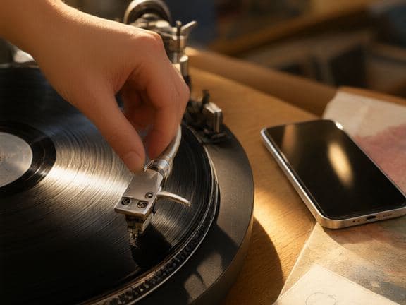 A hand lowering a needle onto a record beside a phone.