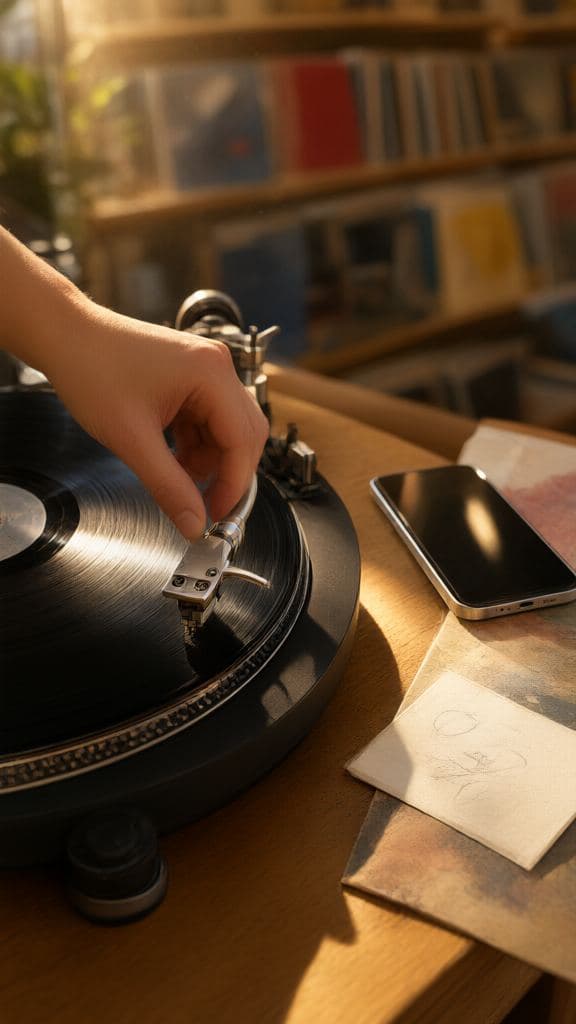 A hand lowering a needle onto a record beside a phone on a shop counter.