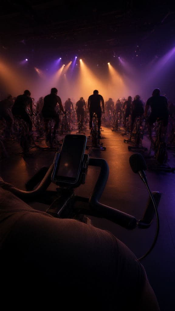An instructor's bike console with a phone mounted, riders silhouetted beyond.