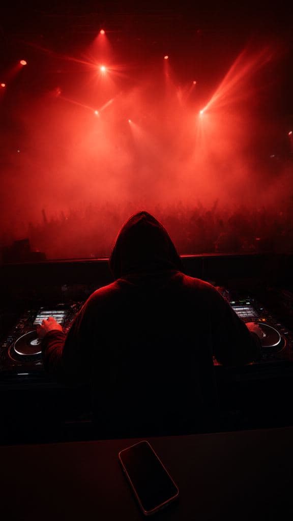 A DJ from behind in a red-lit techno booth, a phone face-up on the booth edge.