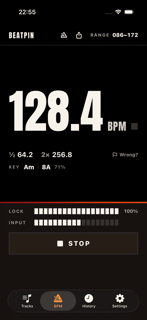 Beatpin's Dark scheme: a paper-white 128.4 BPM readout on black.