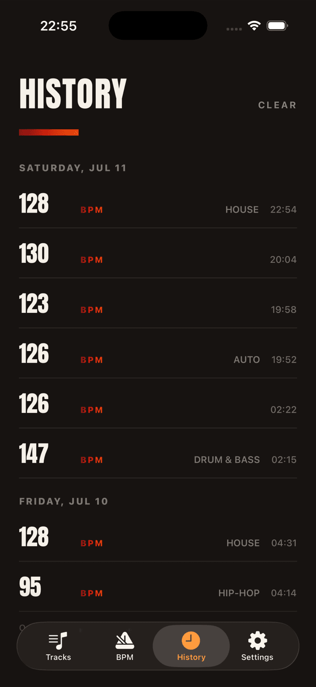 Beatpin's History log grouped by day — Saturday Jul 11: 128 BPM tagged HOUSE at 22:54, 126 BPM tagged AUTO, 147 BPM tagged DRUM & BASS — every lock recorded on-device.