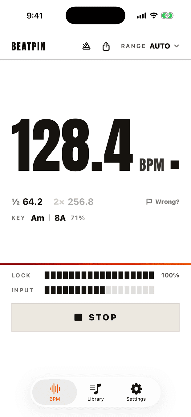 Beatpin's Light scheme: a black 128.4 BPM readout on white.