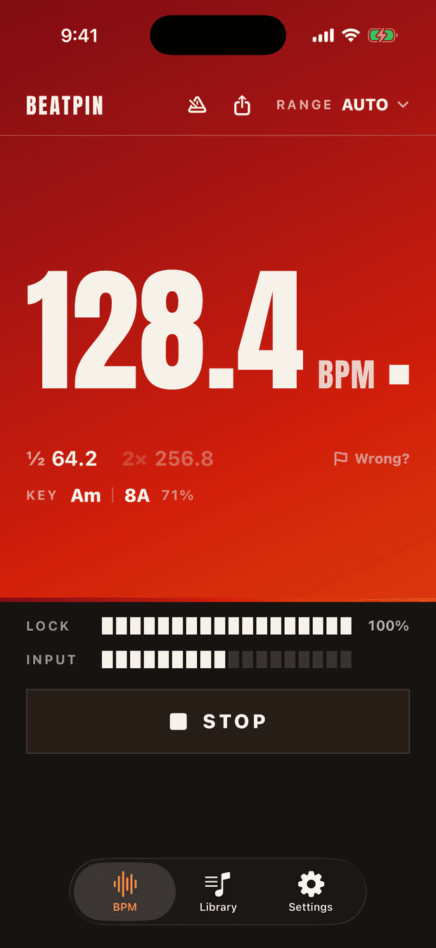 Beatpin's live readout locked on 128.4 BPM, with ½ 64.2 and 2× 256.8 octave alternatives, a KEY Am · 8A · 71% chip, a full LOCK meter, a moving INPUT meter and a STOP button.