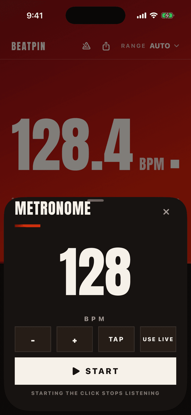 Beatpin's Metronome sheet set to 128 BPM, with − / + / TAP / USE LIVE controls and a START button.