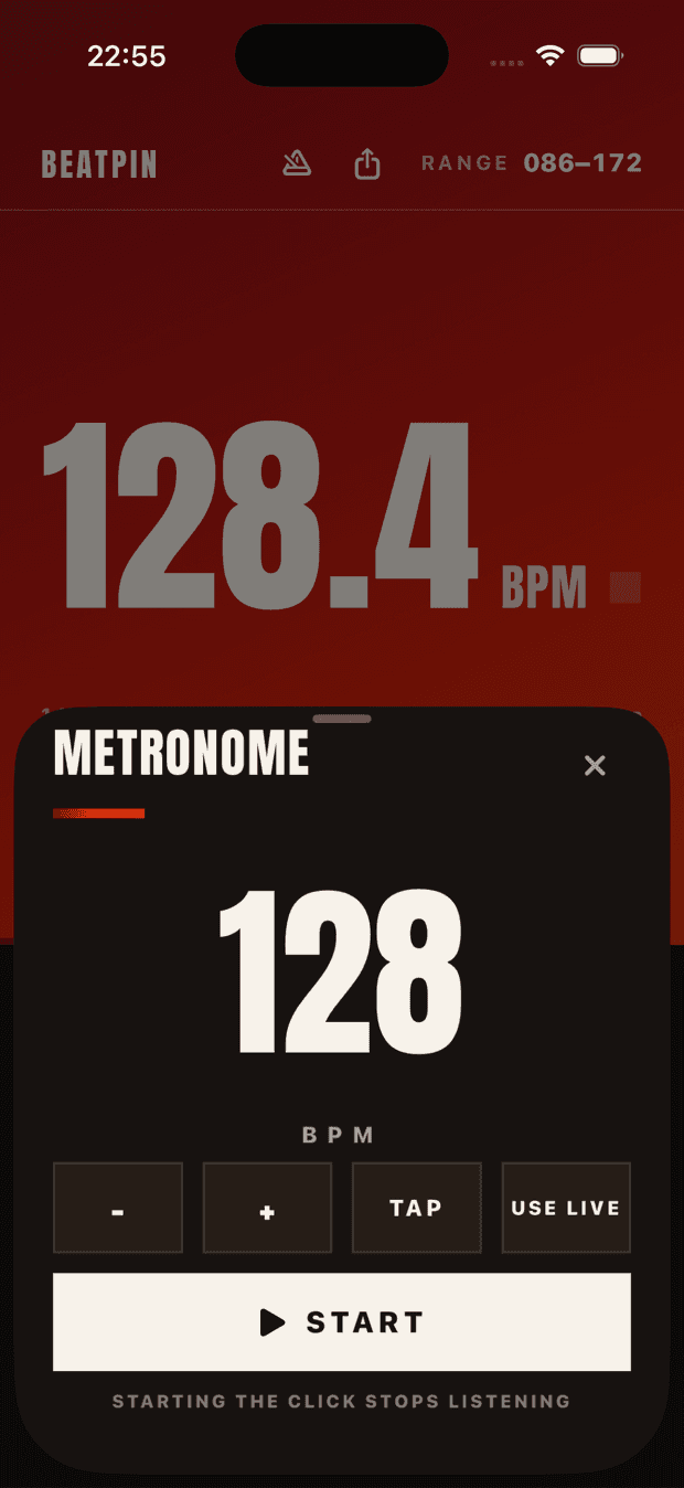 Beatpin's Metronome sheet set to 128 BPM, with − / + / TAP / USE LIVE controls and a START button.