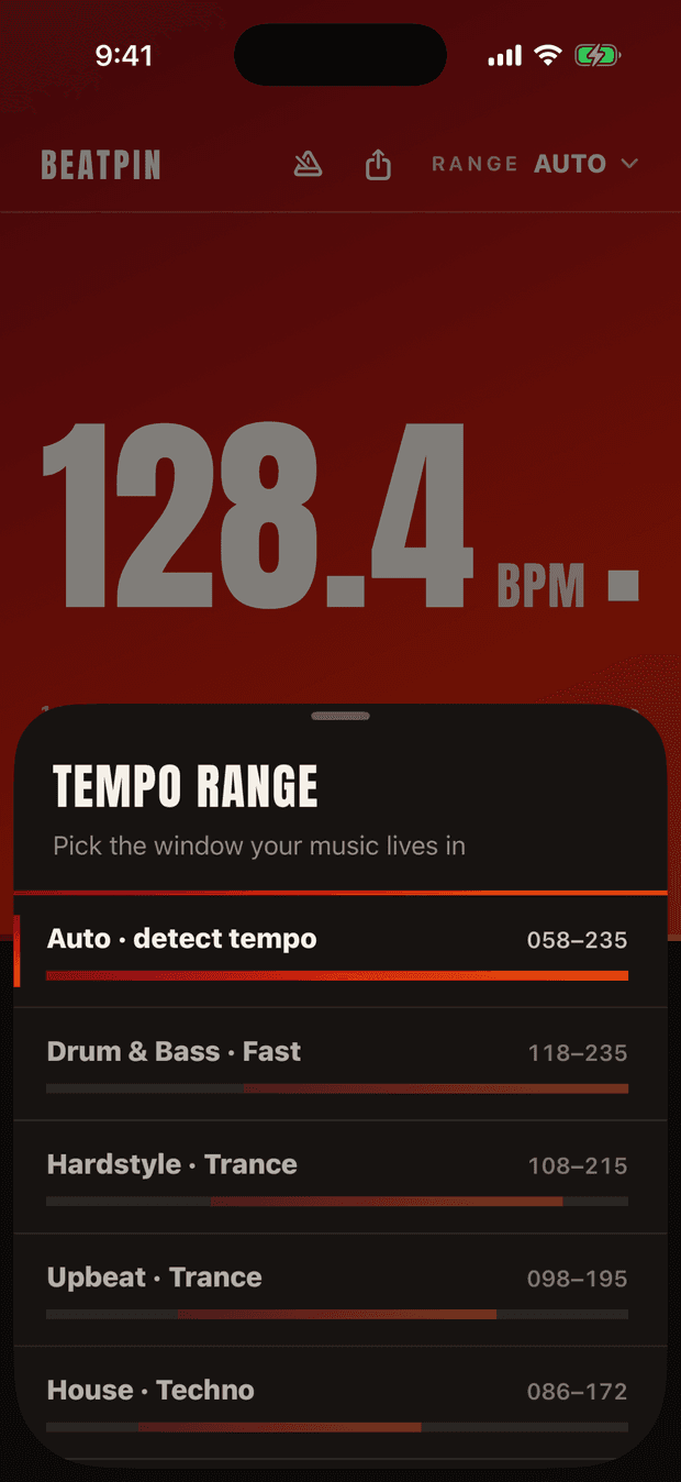 Beatpin's Tempo Range picker: genre bands — Hardstyle · Trance 108–215, Upbeat · Trance 098–195, House · Techno 086–172 selected, Club · Garage 078–155, Groove · Hip-Hop 068–135 — each with a spectrum bar.