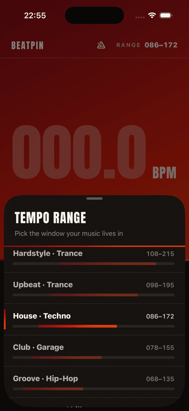 Beatpin's Tempo Range picker: genre bands — Hardstyle · Trance 108–215, Upbeat · Trance 098–195, House · Techno 086–172 selected, Club · Garage 078–155, Groove · Hip-Hop 068–135 — each with a spectrum bar.