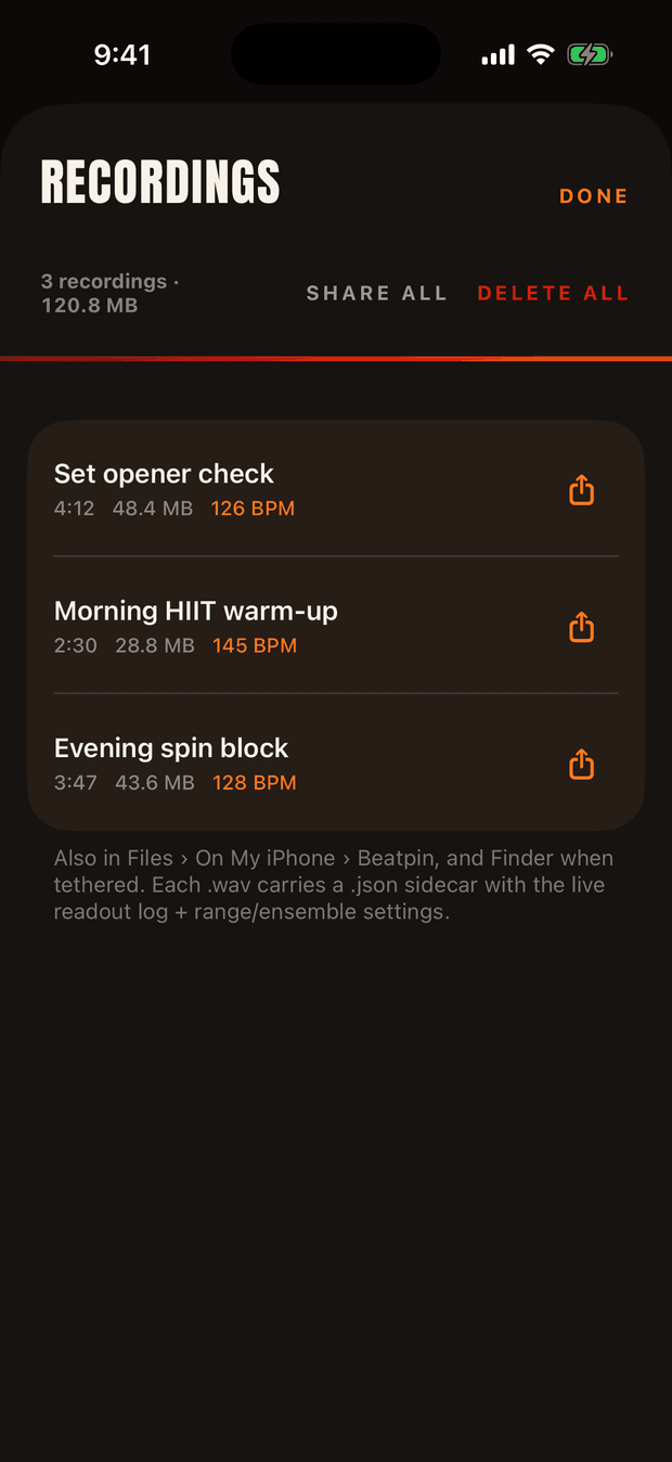 Beatpin's Recordings list: three named sessions with length, file size and BPM — Set opener check 4:12, 48.4 MB, 126 BPM; Morning HIIT warm-up 2:30, 28.8 MB, 145 BPM — a 120.8 MB total, with SHARE ALL and DELETE ALL controls.