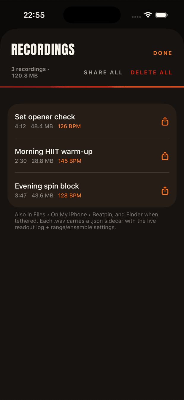 Beatpin's Recordings list: three named sessions with length, file size and BPM — Set opener check 4:12, 48.4 MB, 126 BPM; Morning HIIT warm-up 2:30, 28.8 MB, 145 BPM — a 120.8 MB total, with SHARE ALL and DELETE ALL controls.