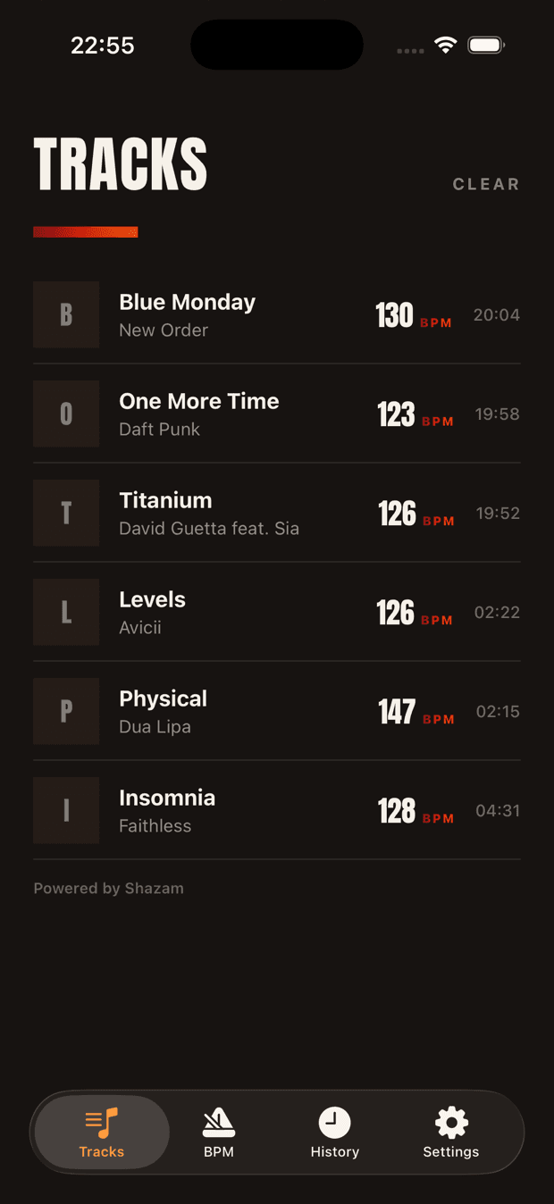 Beatpin's Tracks list: Shazam-matched songs — Blue Monday by New Order at 130 BPM, One More Time by Daft Punk at 123 BPM, Titanium by David Guetta at 126 BPM — each with its detected BPM and the time it was heard.