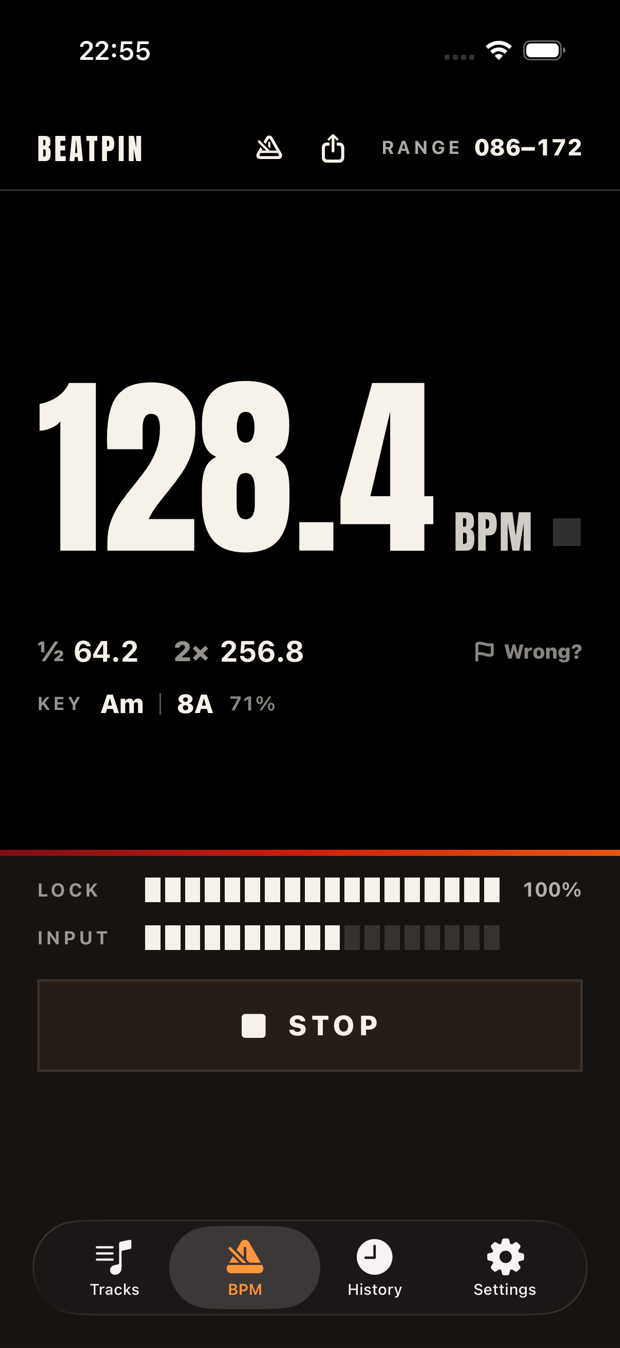 Beatpin's Dark scheme: a paper-white 128.4 BPM readout on black.