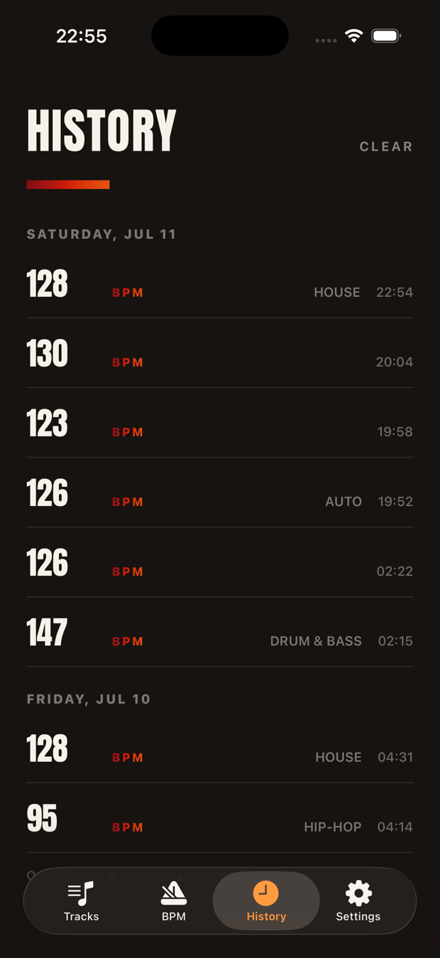 Beatpin's History log grouped by day — Saturday Jul 11: 128 BPM tagged HOUSE at 22:54, 126 BPM tagged AUTO, 147 BPM tagged DRUM & BASS — every lock recorded on-device.