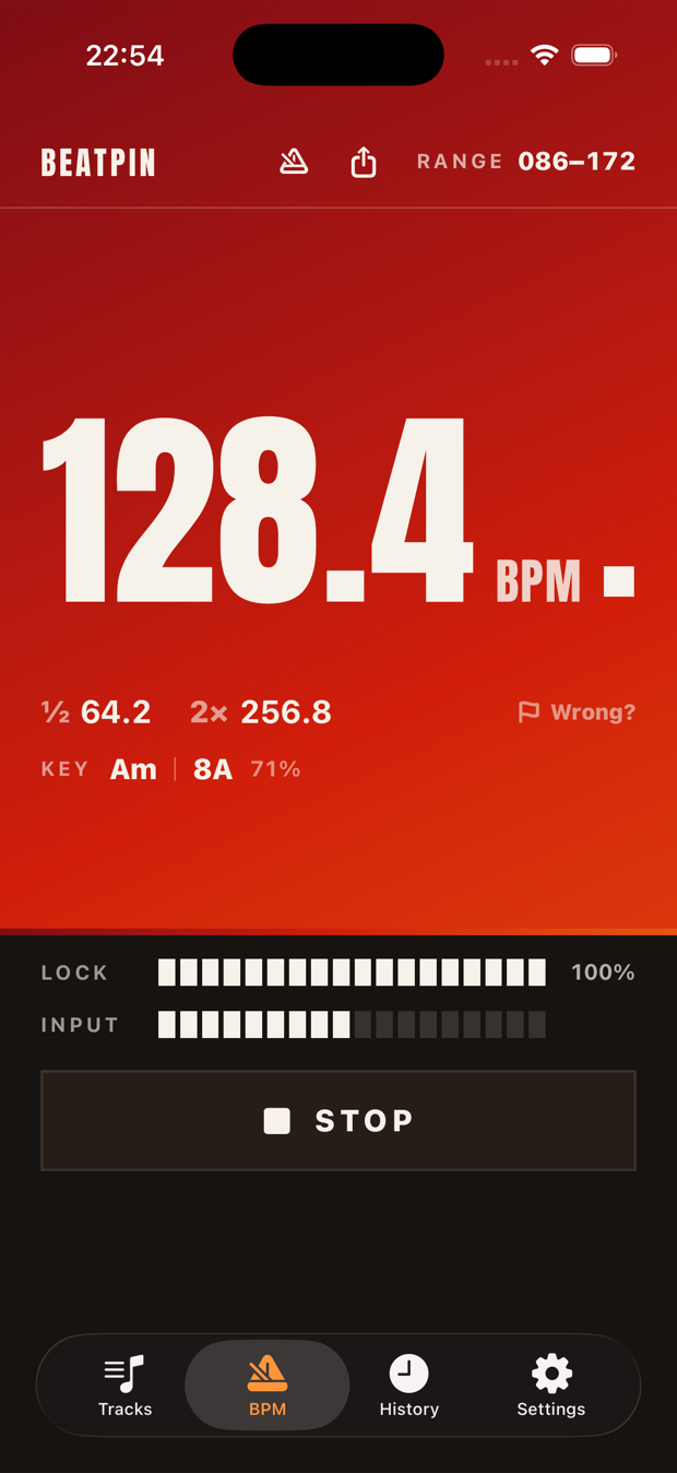 Beatpin's live readout locked on 128.4 BPM, with ½ 64.2 and 2× 256.8 octave alternatives, a KEY Am · 8A · 71% chip, a full LOCK meter, a moving INPUT meter and a STOP button.