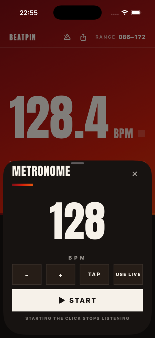 Beatpin's Metronome sheet set to 128 BPM, with − / + / TAP / USE LIVE controls and a START button.