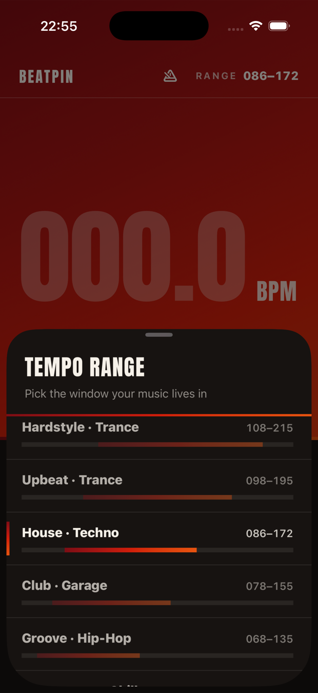 Beatpin's Tempo Range picker: genre bands — Hardstyle · Trance 108–215, Upbeat · Trance 098–195, House · Techno 086–172 selected, Club · Garage 078–155, Groove · Hip-Hop 068–135 — each with a spectrum bar.