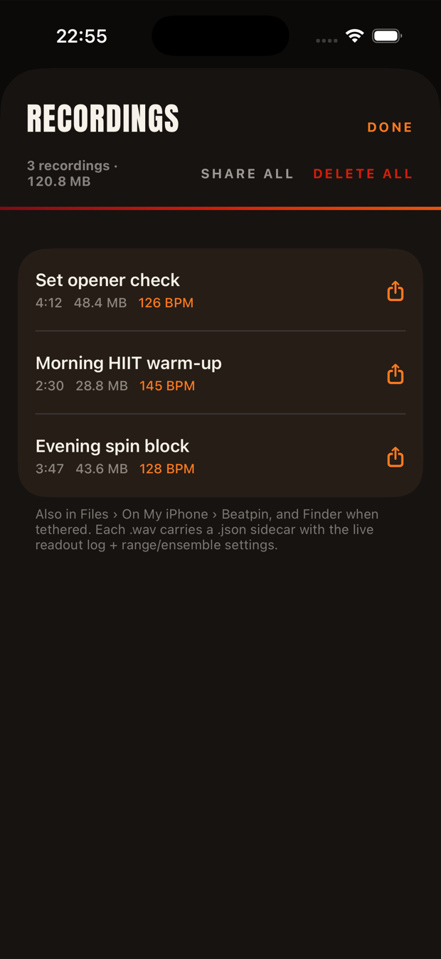 Beatpin's Recordings list: three named sessions with length, file size and BPM — Set opener check 4:12, 48.4 MB, 126 BPM; Morning HIIT warm-up 2:30, 28.8 MB, 145 BPM — a 120.8 MB total, with SHARE ALL and DELETE ALL controls.