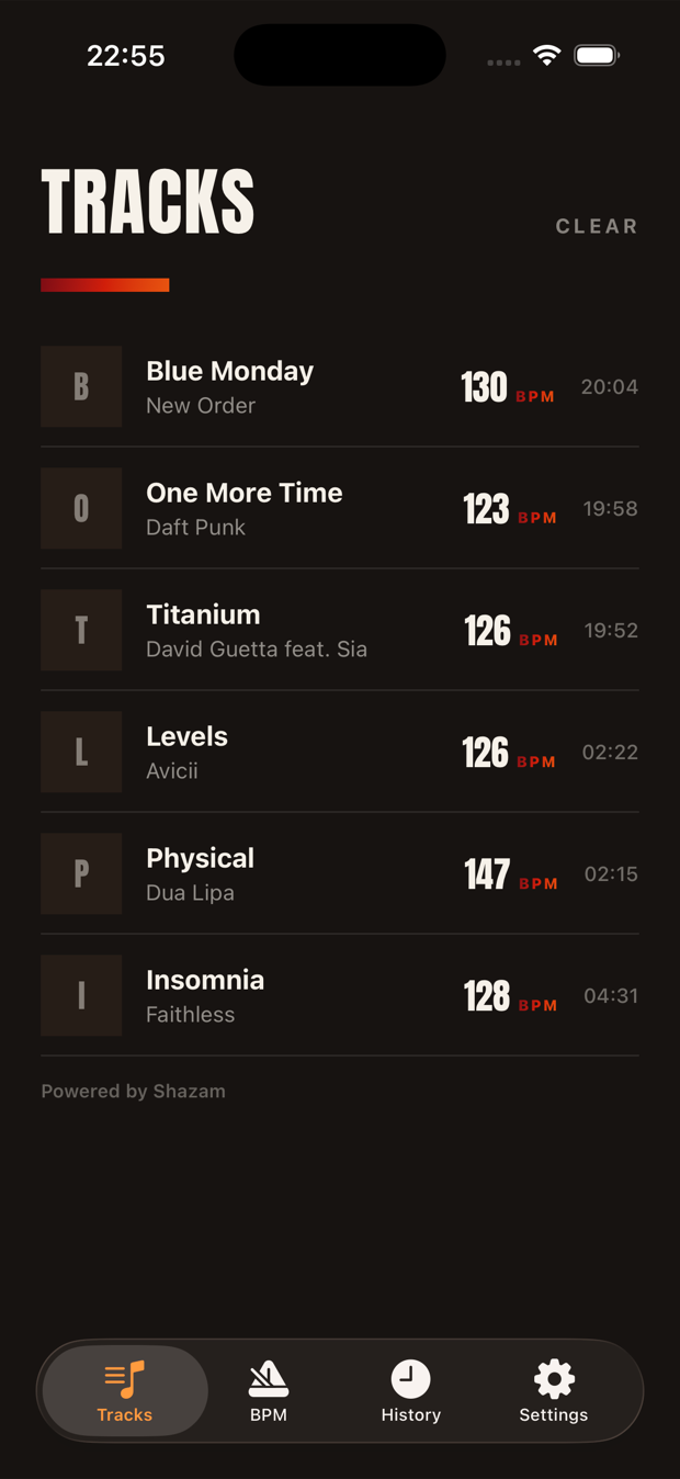Beatpin's Tracks list: Shazam-matched songs — Blue Monday by New Order at 130 BPM, One More Time by Daft Punk at 123 BPM, Titanium by David Guetta at 126 BPM — each with its detected BPM and the time it was heard.